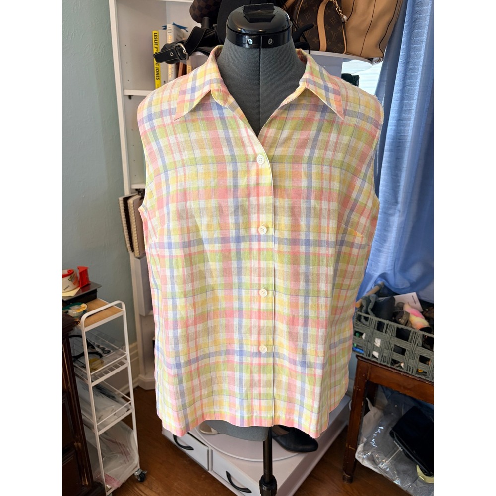 Liz Claiborne Shirt L Plaid Linen Sleeveless Preppy Cottagecore Coastal Summer